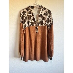 Southern Stitch Women's Brown Cow Print Waffle Knit Thermal Shirt Henley XL